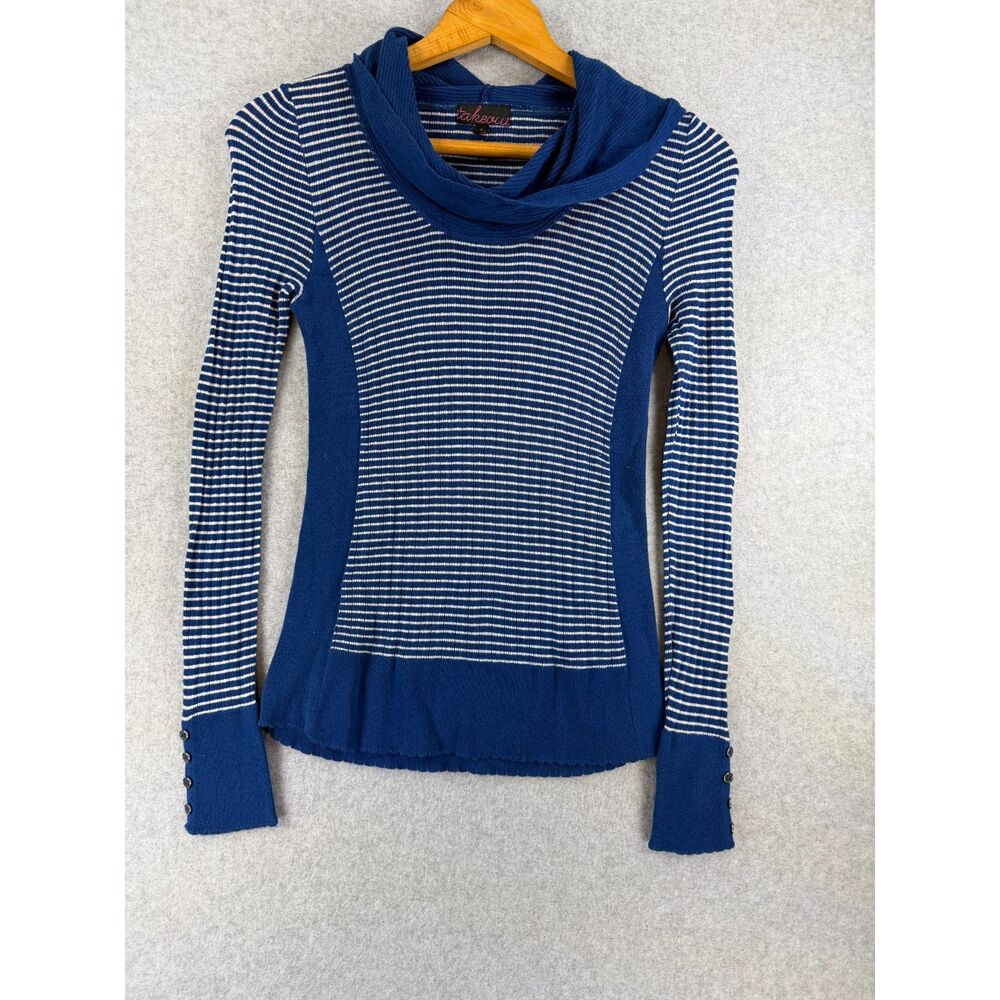 Takeout Women’s Small Blue White Striped Cowl Neck Long Sleeve Y2K Top 3577